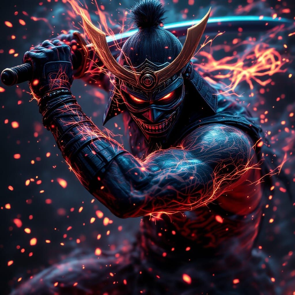 Cyberpunk Samurai Warrior in Neon-Lit Stance