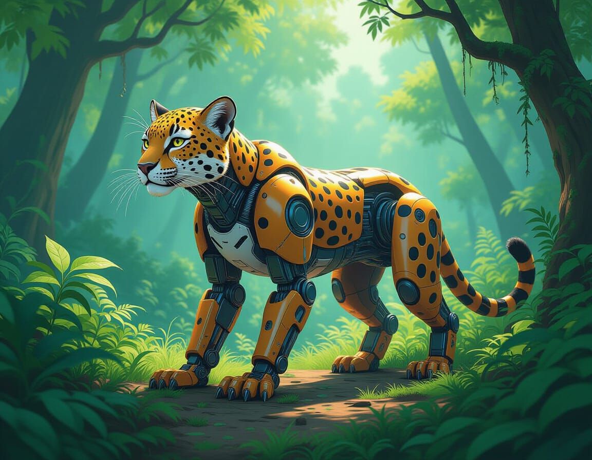Robotic Leopard in Whimsical Forest