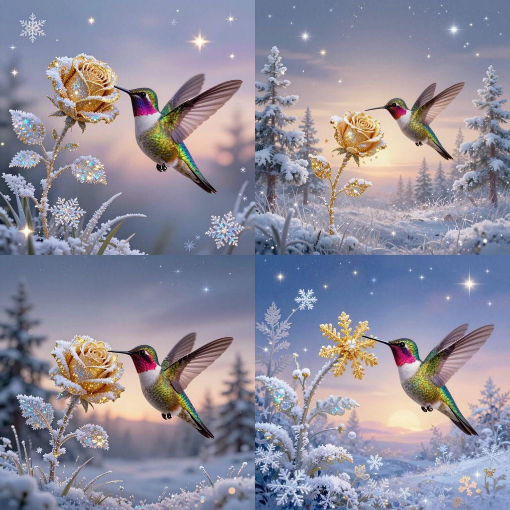 Hummingbird Drinks Nectar From Golden Snowflake Rose at Dawn