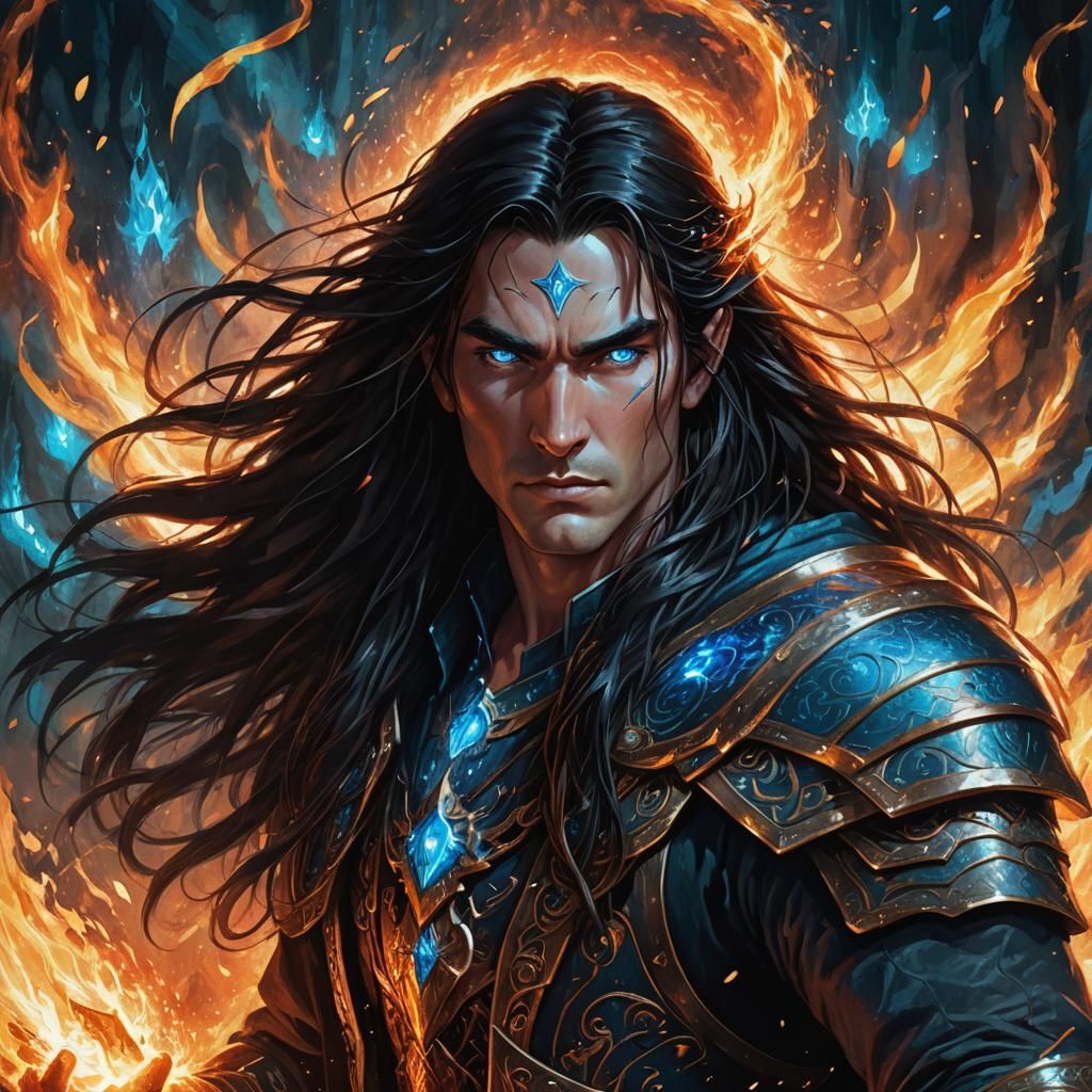Feanor, with long dark hair and blue eyes, working in his fo...