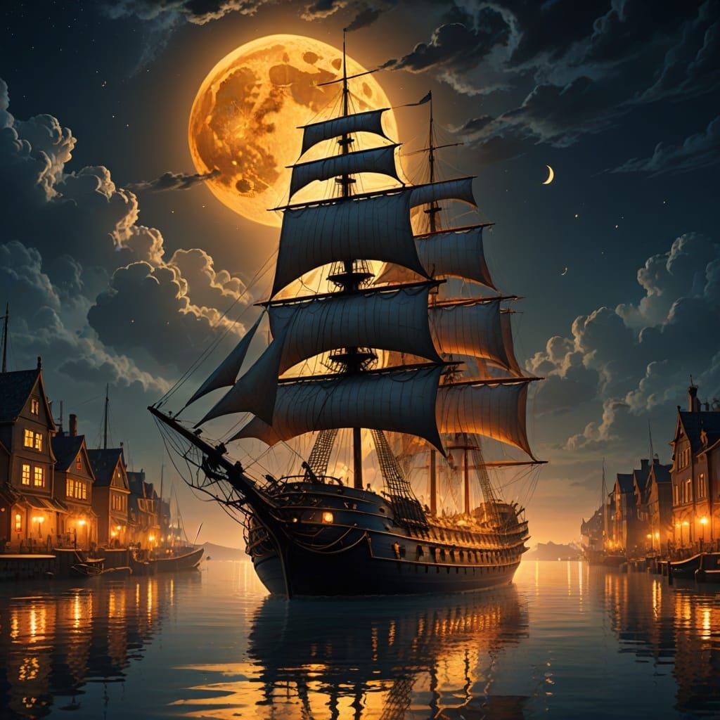 Grand Sailing Ship in Mystical Harbor Digital Art