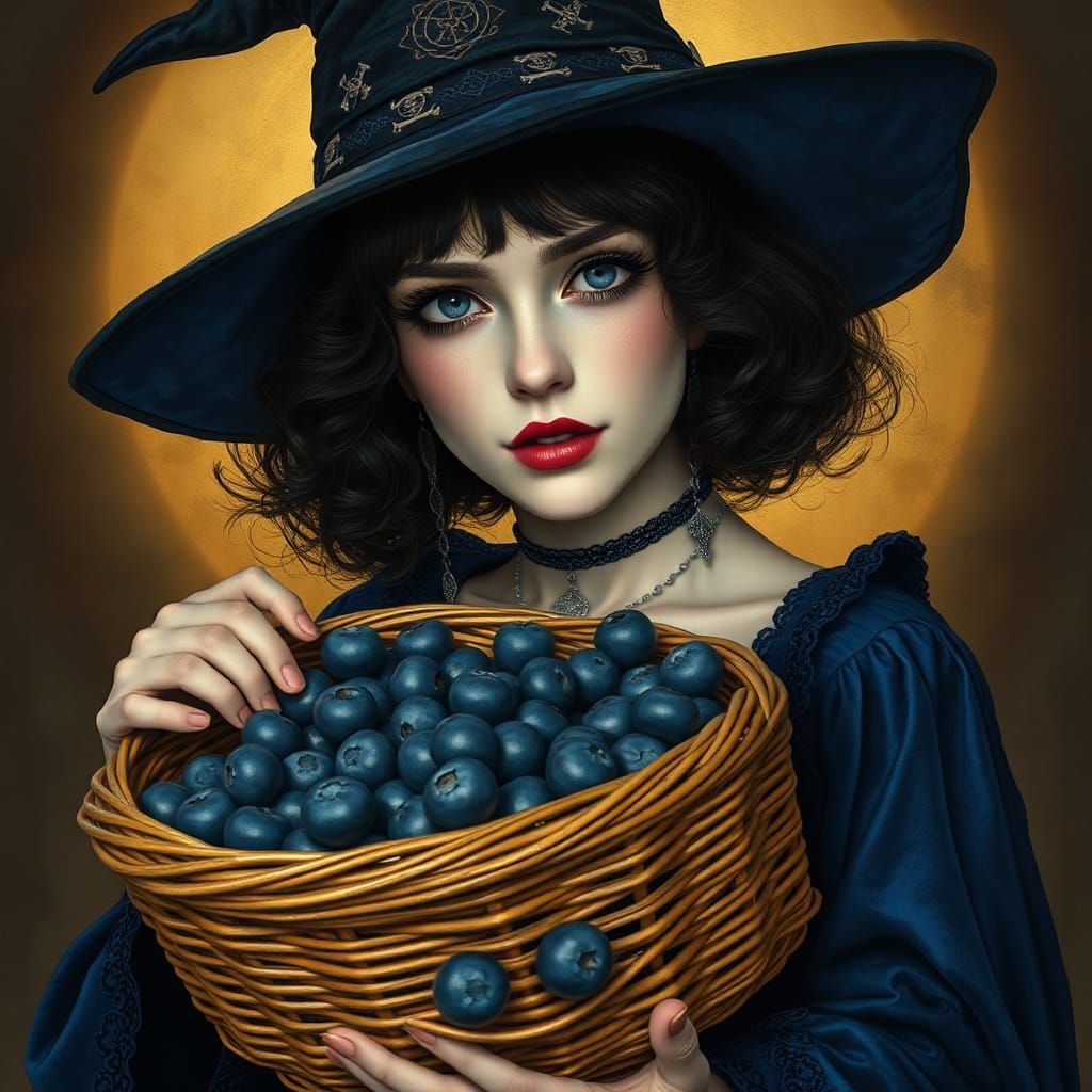 Gothic Woman with Blueberries in Matte Painting Style