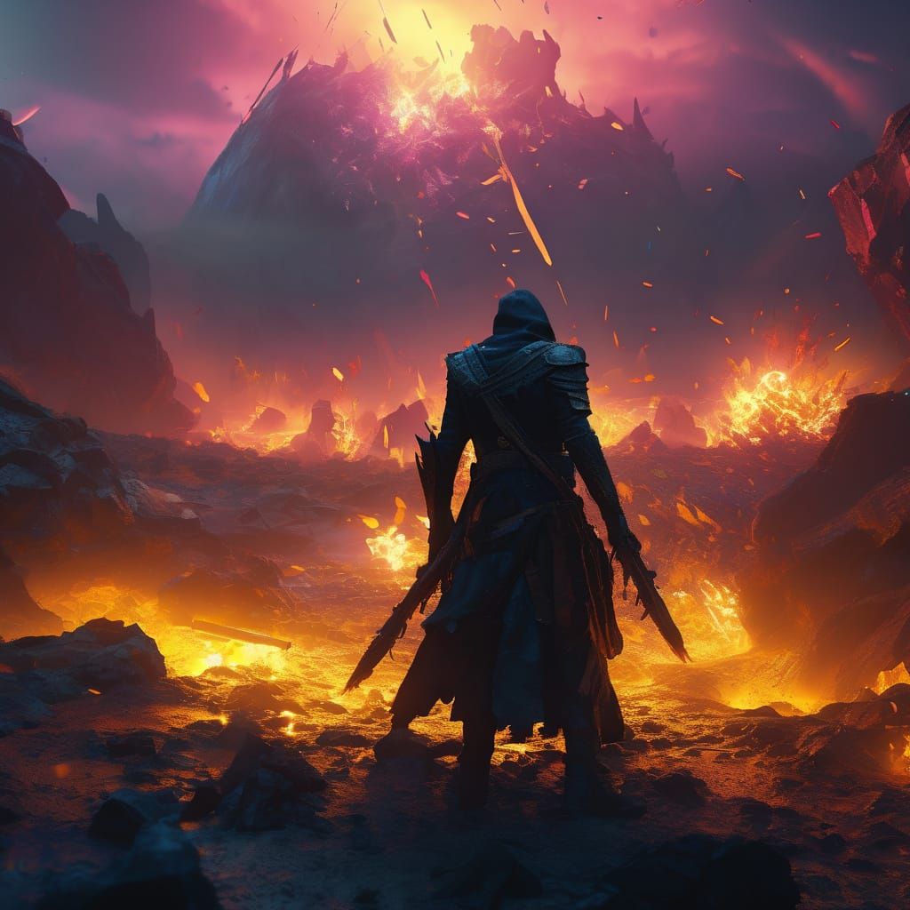 Dark Figure on Battlefield in Vibrant Oil Painting