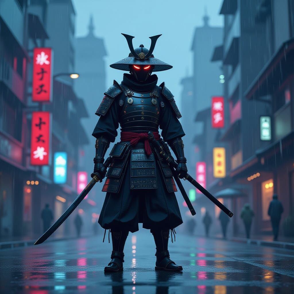 Cyberpunk Samurai Warrior in Rainy Cityscape