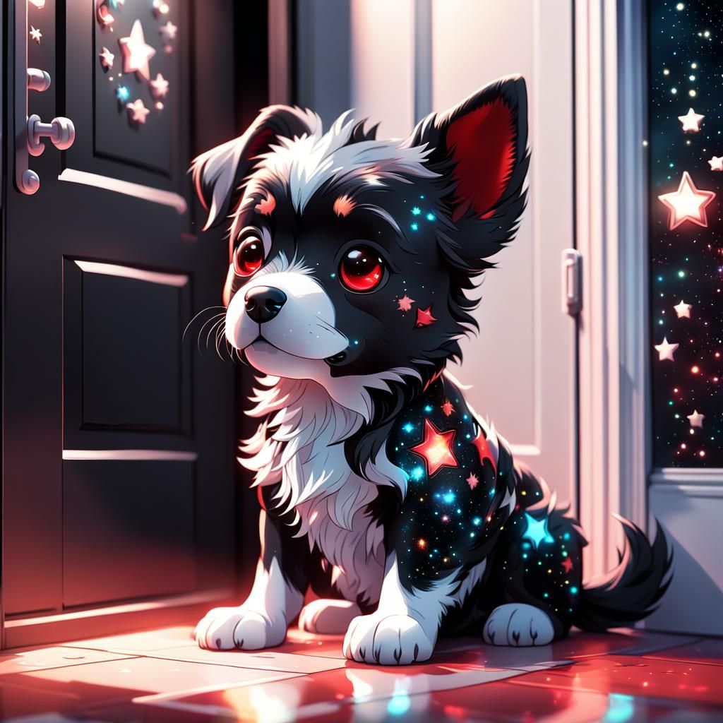 " super cute little black and white red dog chibi lies near ...