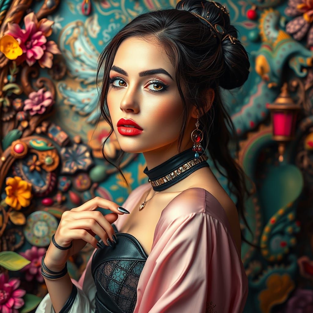 Elegant Woman in Latex Attire, Surrounded by Fantastical Det...