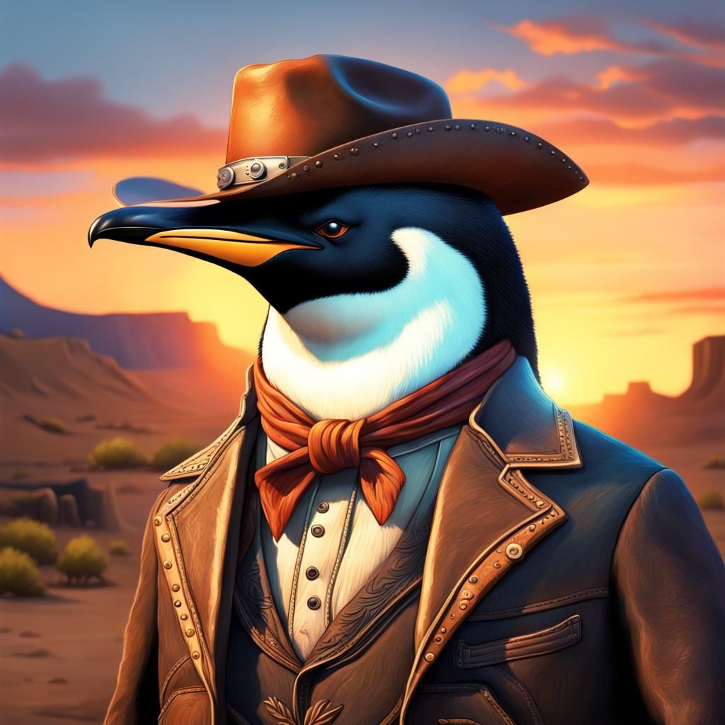 Cowboy Penguin in Wild West Sunset