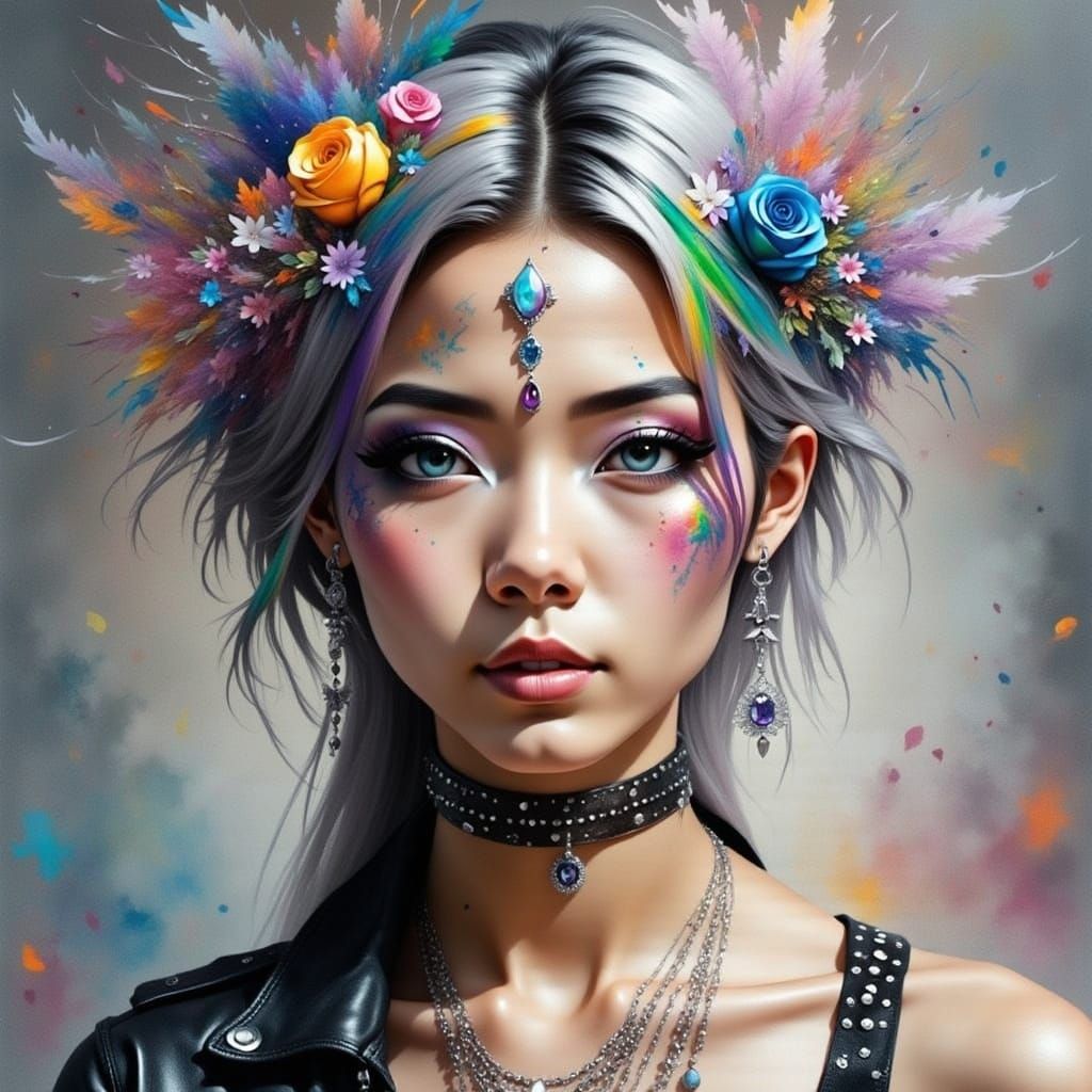 Rainbow Watercolor Portrait of Asian Woman