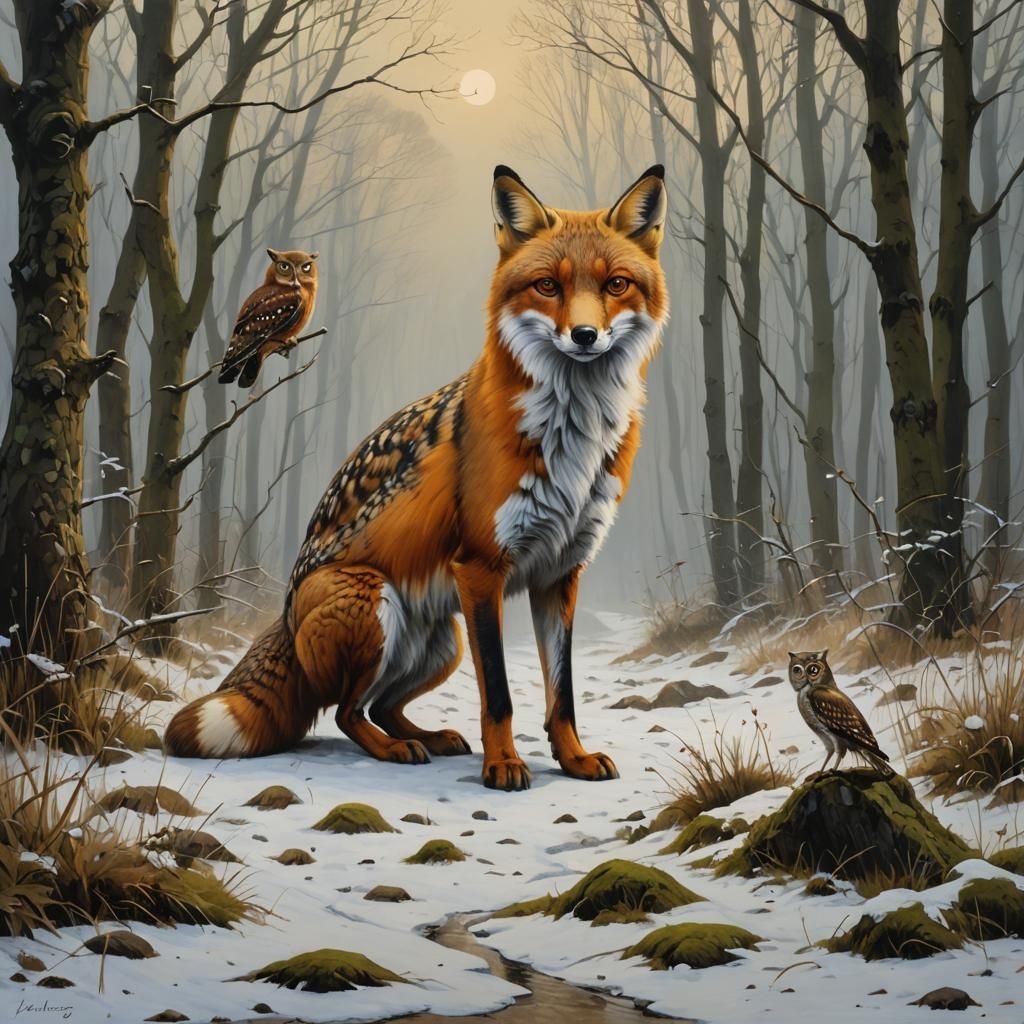 Fox and Owl Illustration in Lucas Style
