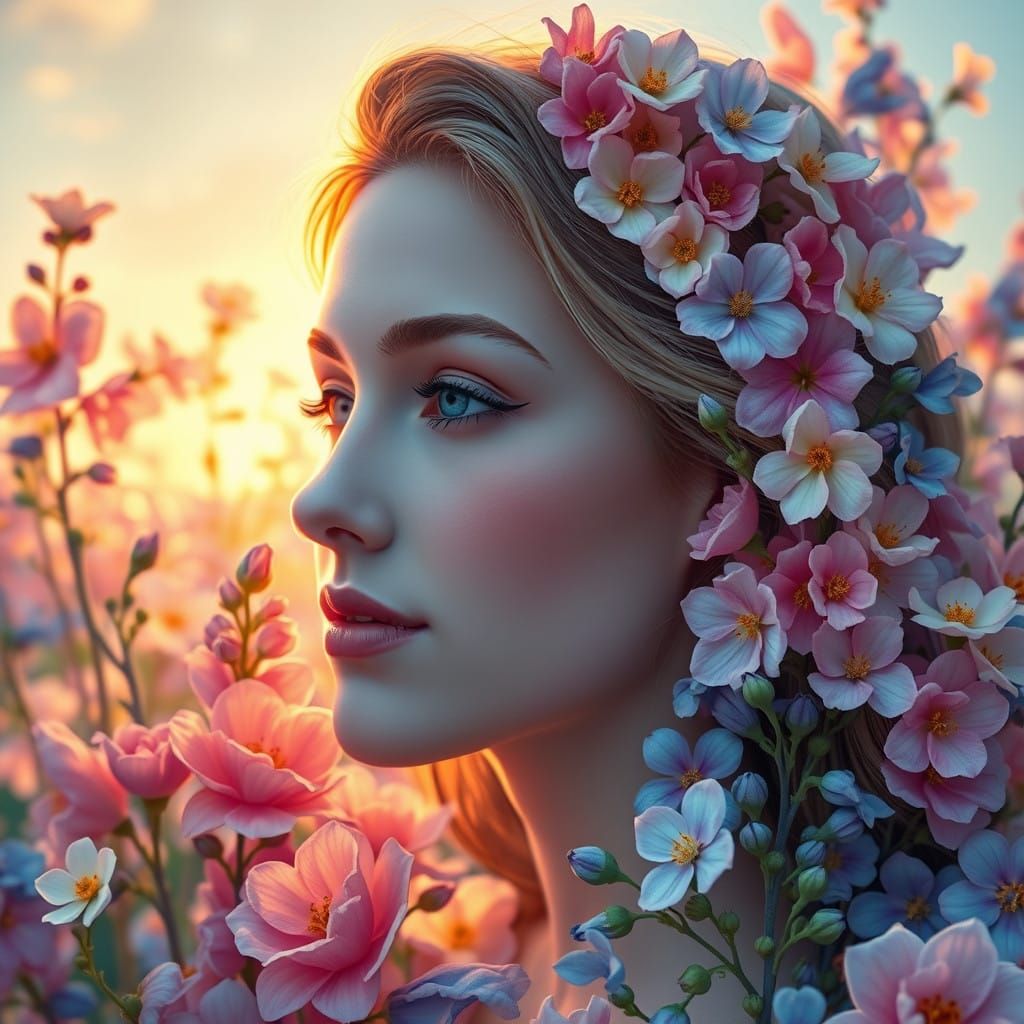 A Young Woman's Serene Face Amidst a Vibrant Floral Kaleidos...