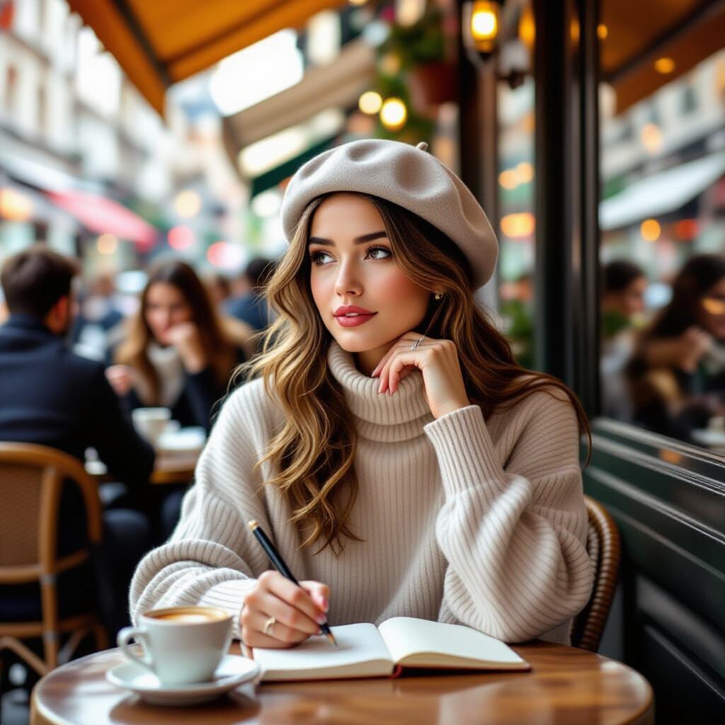 Cafe Scene: Young Woman Sketching, Photorealistic Style