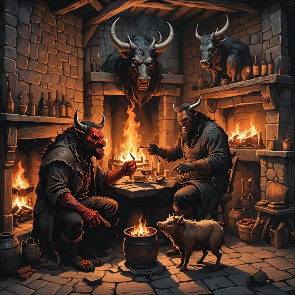 Devil in Tavern: Dark Fantasy Illustration