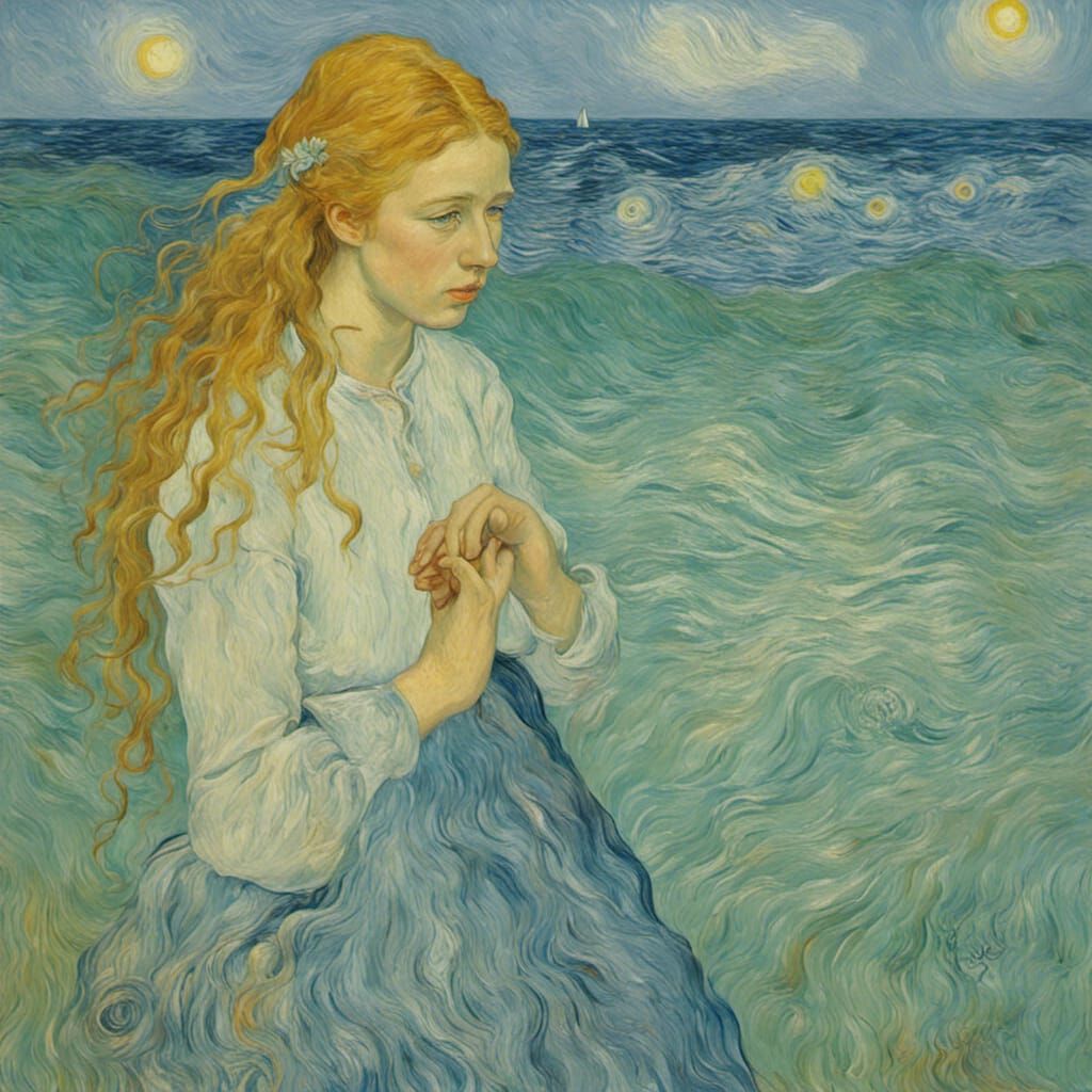 Redhead Paints by the Sea in Van Gogh Style