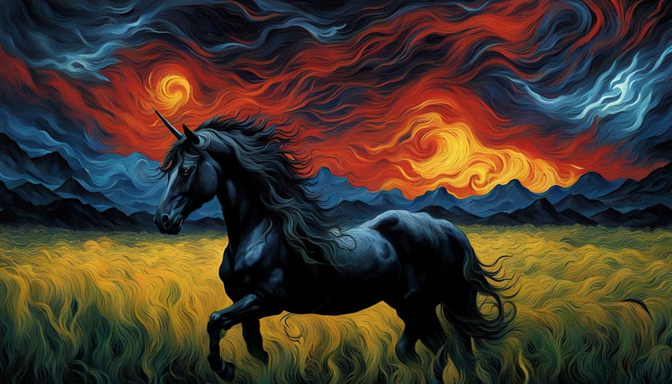 Black Unicorn in Lightning Storm, Van Gogh Style