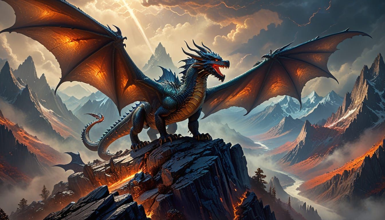 Epic Dragon Soars Above Misty Mountains in Frazetta Style