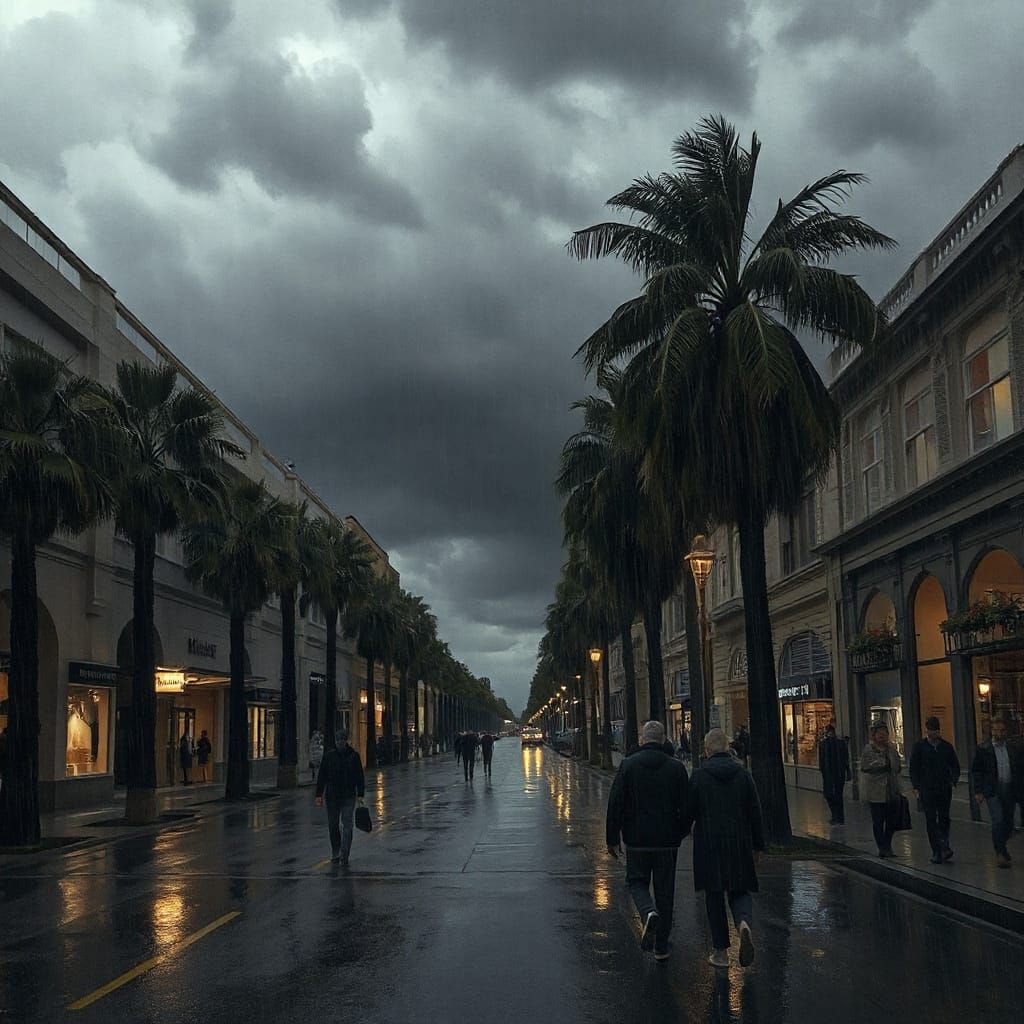 Stormy Street Scene with Palm Trees in Dramatic Weather