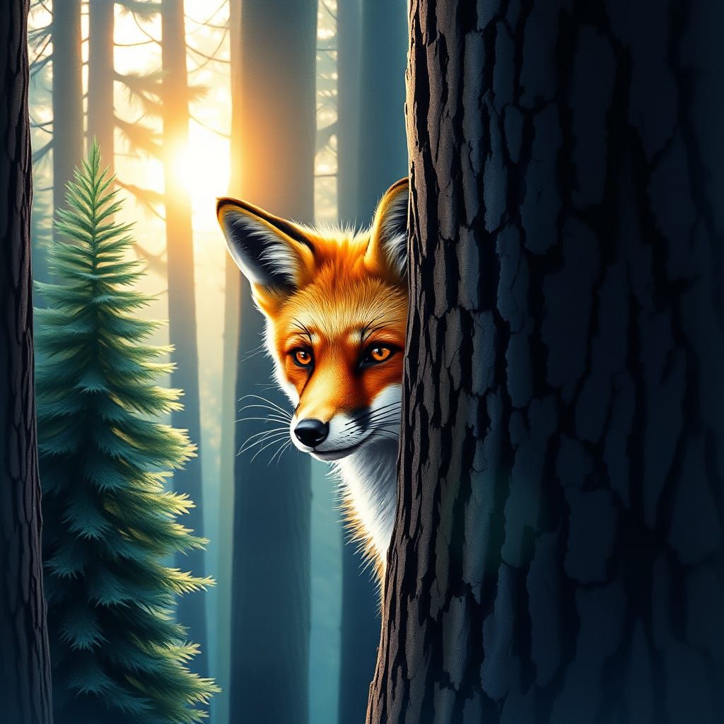 Red Fox Hiding in Forest, Digital Art