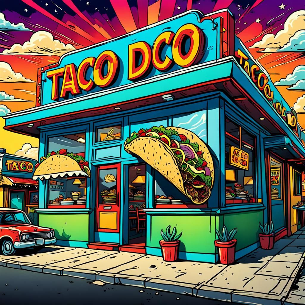 Psychedelic Taco Restaurant in Retro Comic Style