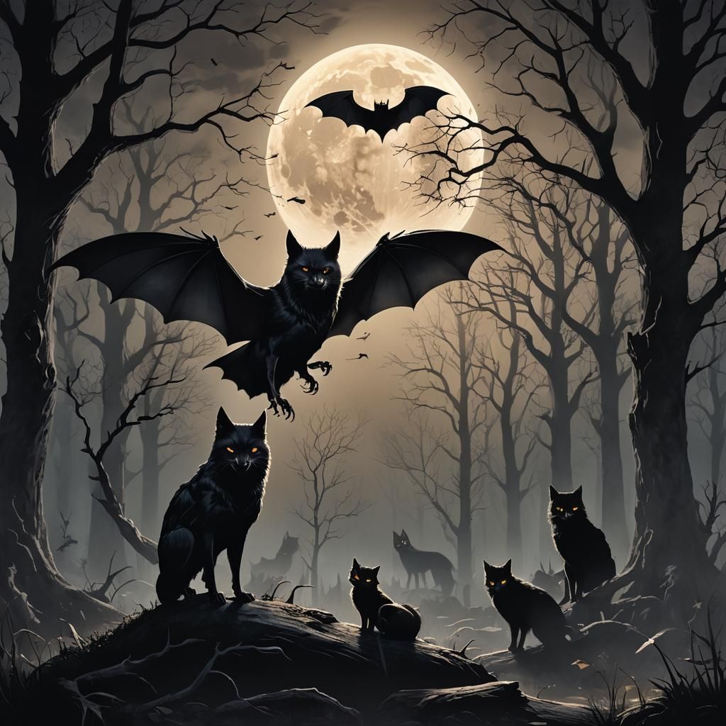Moonlit Bat in Dark Fantasy Illustration