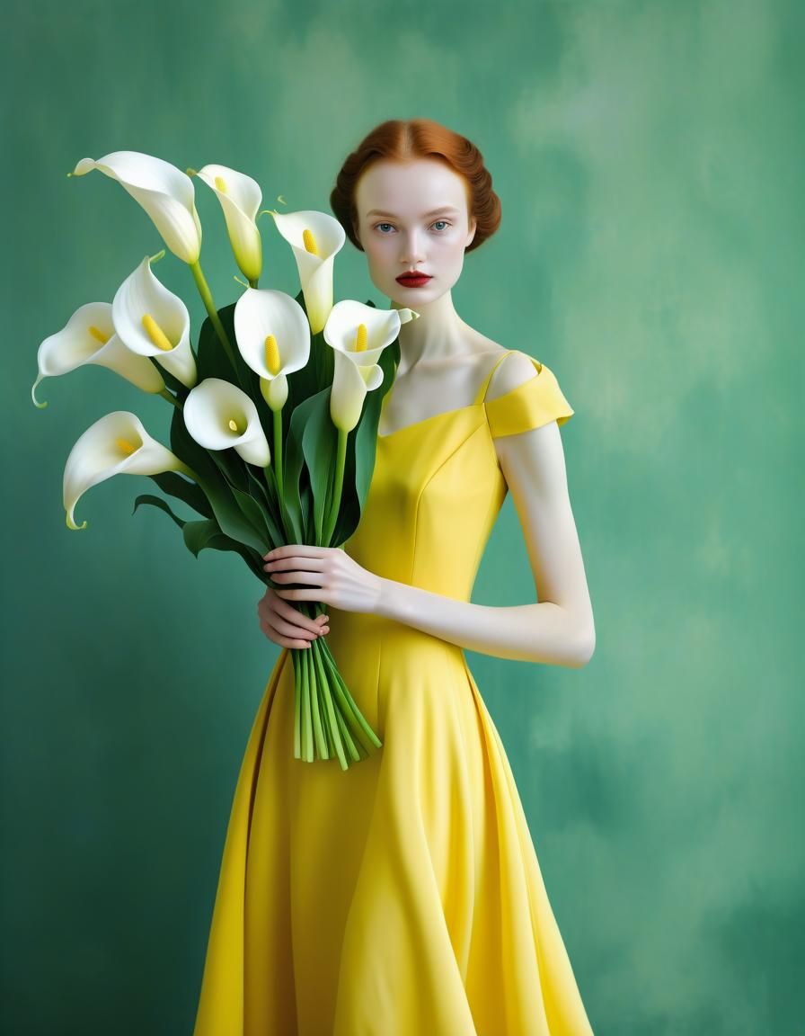 Woman with Lilies in Surreal Portrait Style