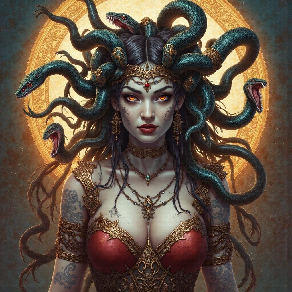 Menacing Medusa in Rembrandt-Inspired Cyberpunk Style