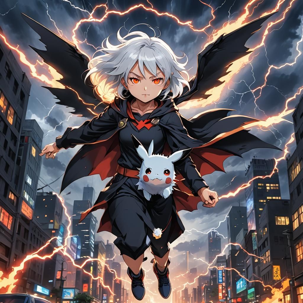 Anime Vampire Girl on Pikachu in Lightning City