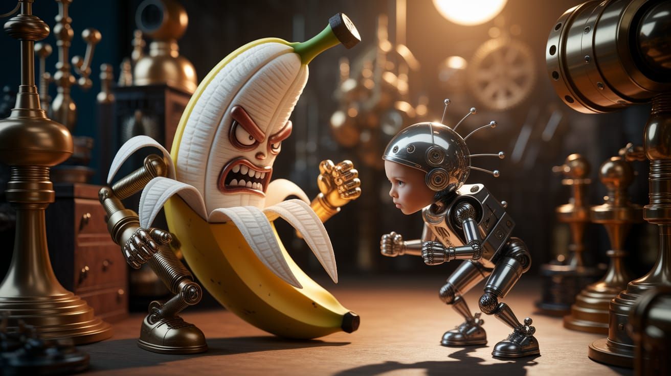 Steampunk Banana Confronts Mechanical Child in Gears and Bra...