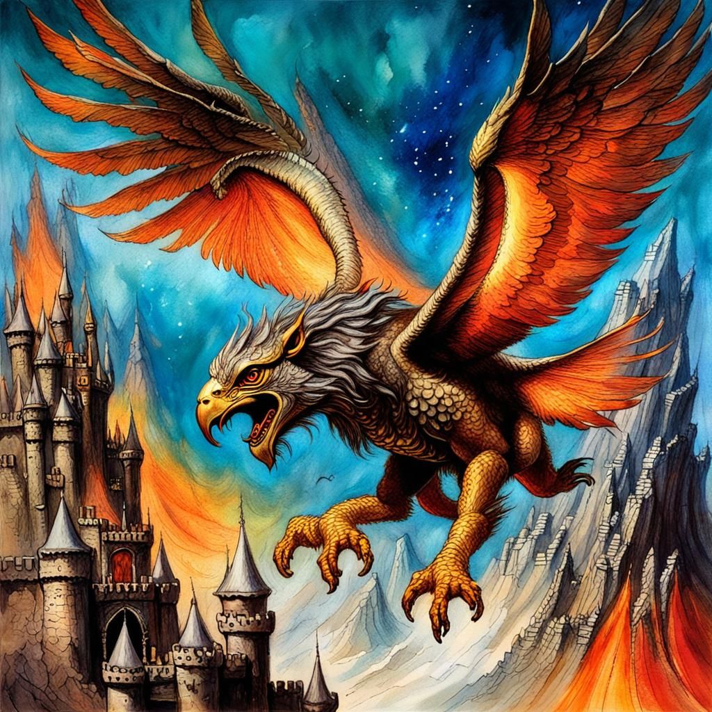 Flying Gryphon Close-Up in Middle Earth, Alcohol Ink