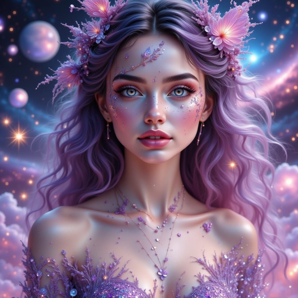 Ethereal Doll Woman in Dreamlike Galaxy Setting