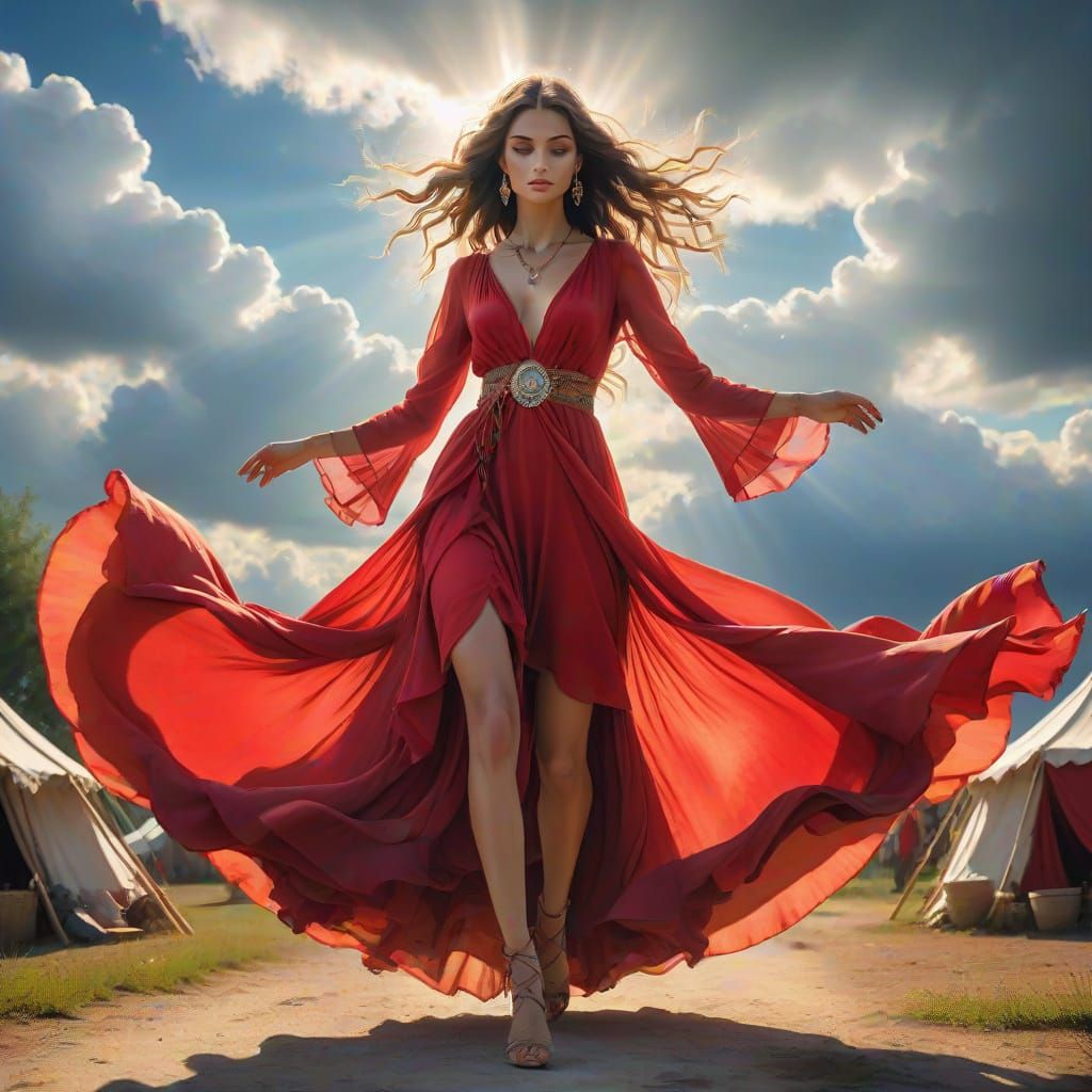 Gypsy Woman in Flowing Red Dress, 3D Rendering