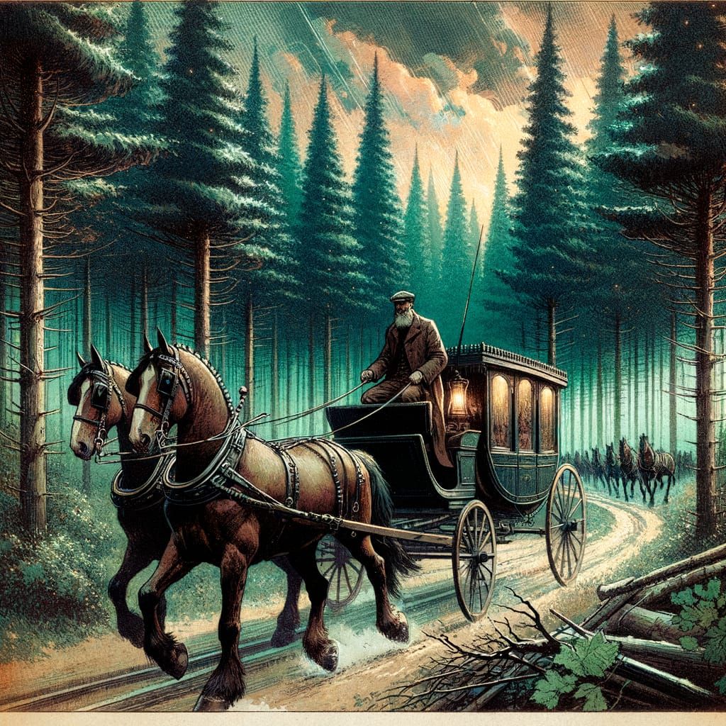 Golden Age Forest: Horse-Drawn Carriage at Night