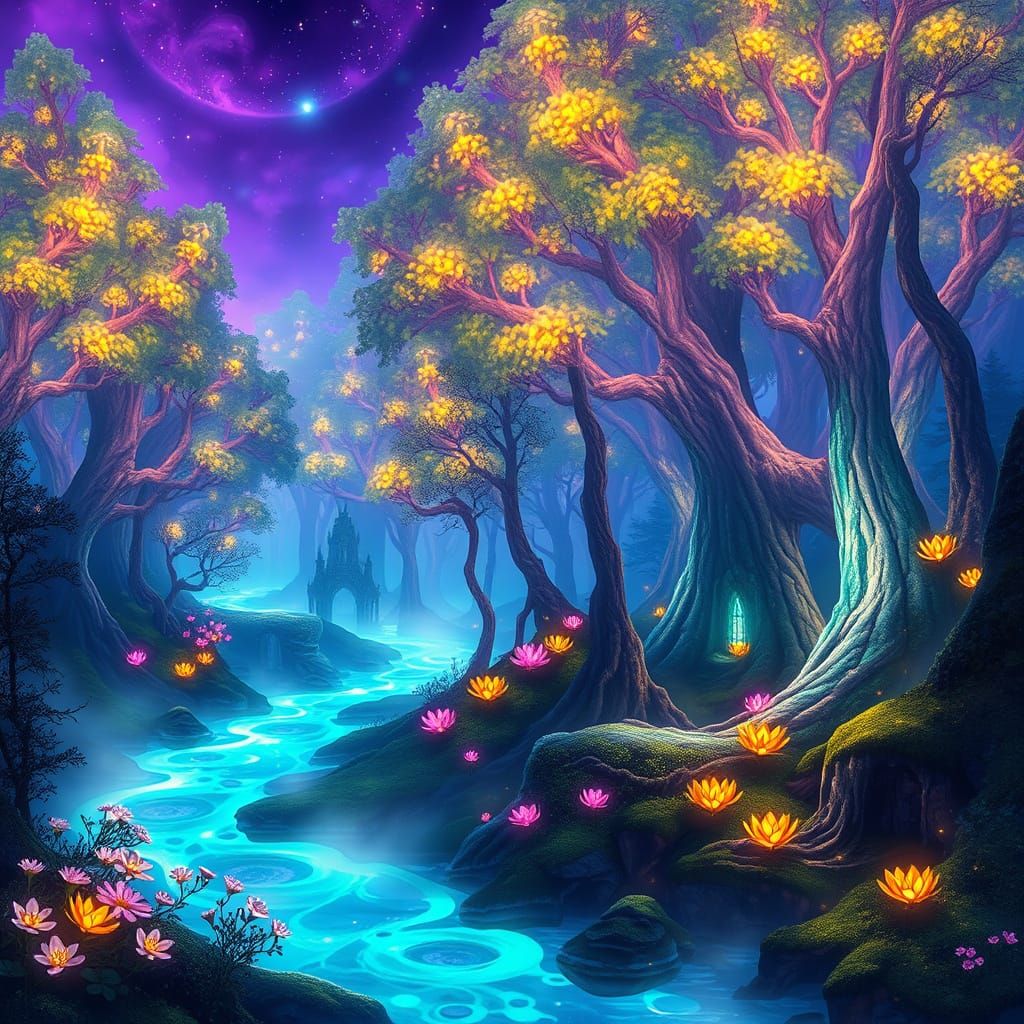 Ethereal Crystal Forest Under Violet and Gold Sky
