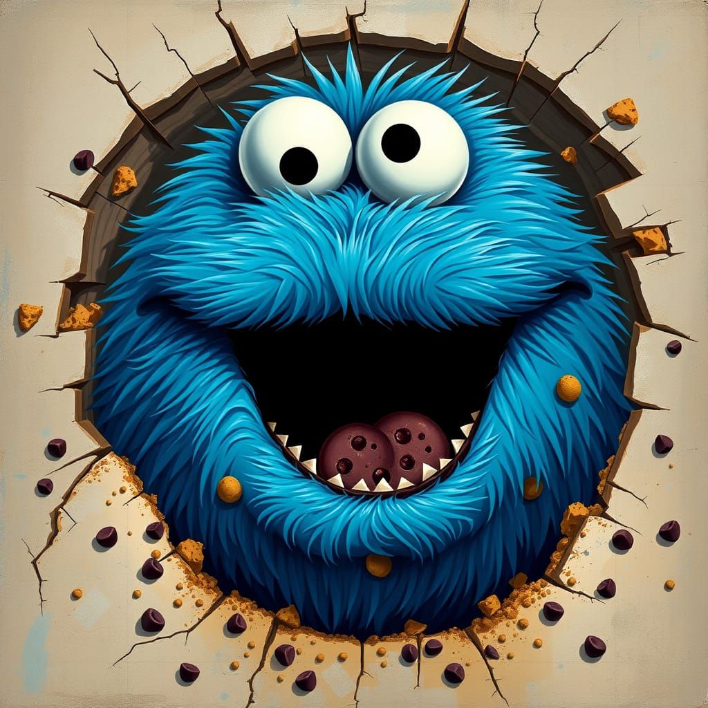 Gigantic Cookie Monster Breaks Through Canvas