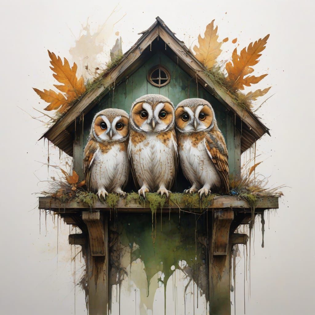 Barn Owlets on Library Gable, Watercolour Painting