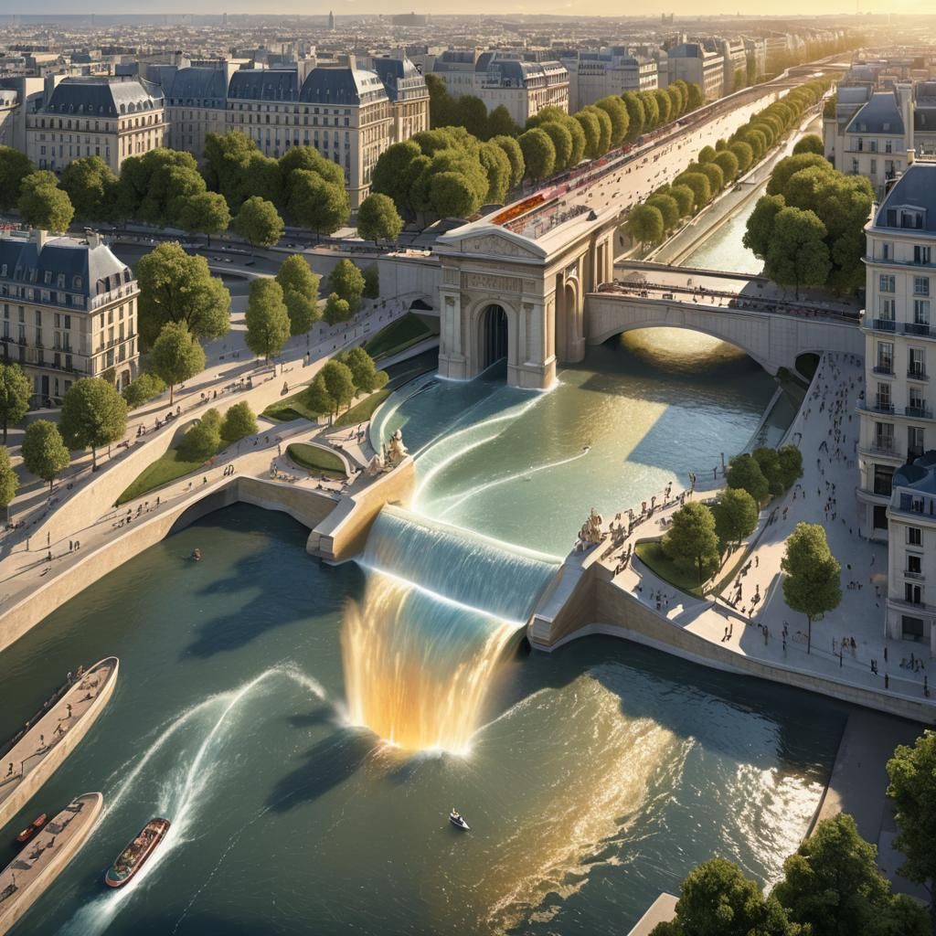 Paris Waterfall with Olympic Rings Sculpture