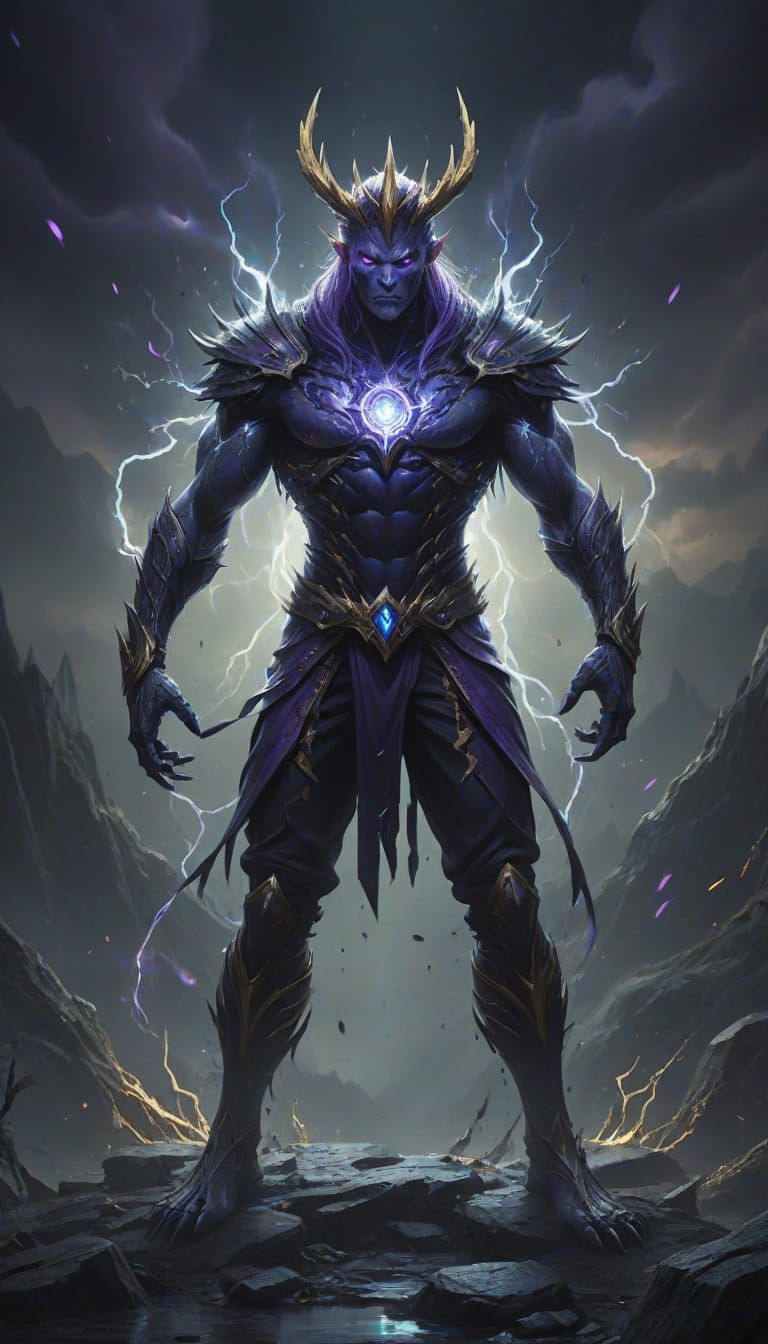 Enraged Purple-Haired Creature with Golden Wings in Lightnin...