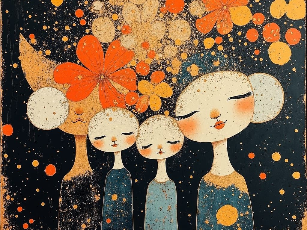 Cubist Family Photo Under Fireworks Display