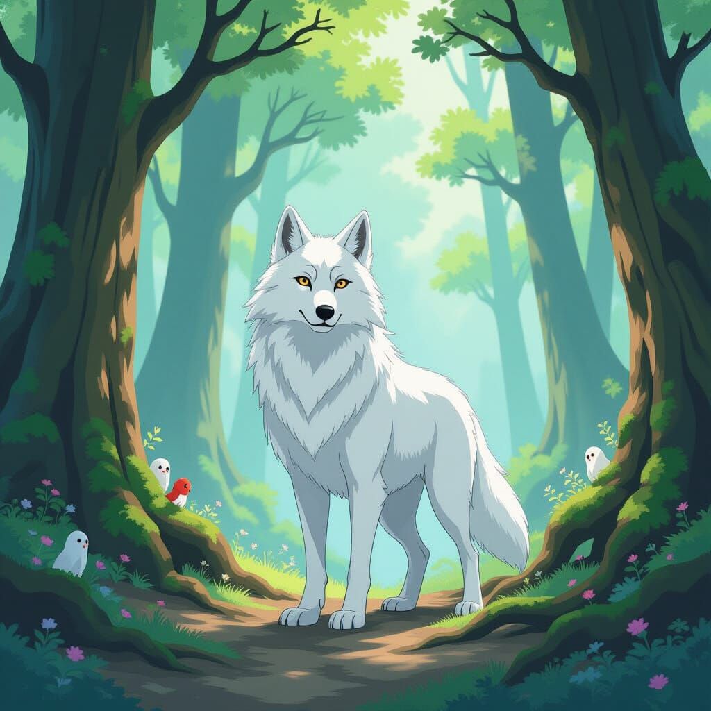 Majestic White Wolf in Ancient Forest, Ghibli Style