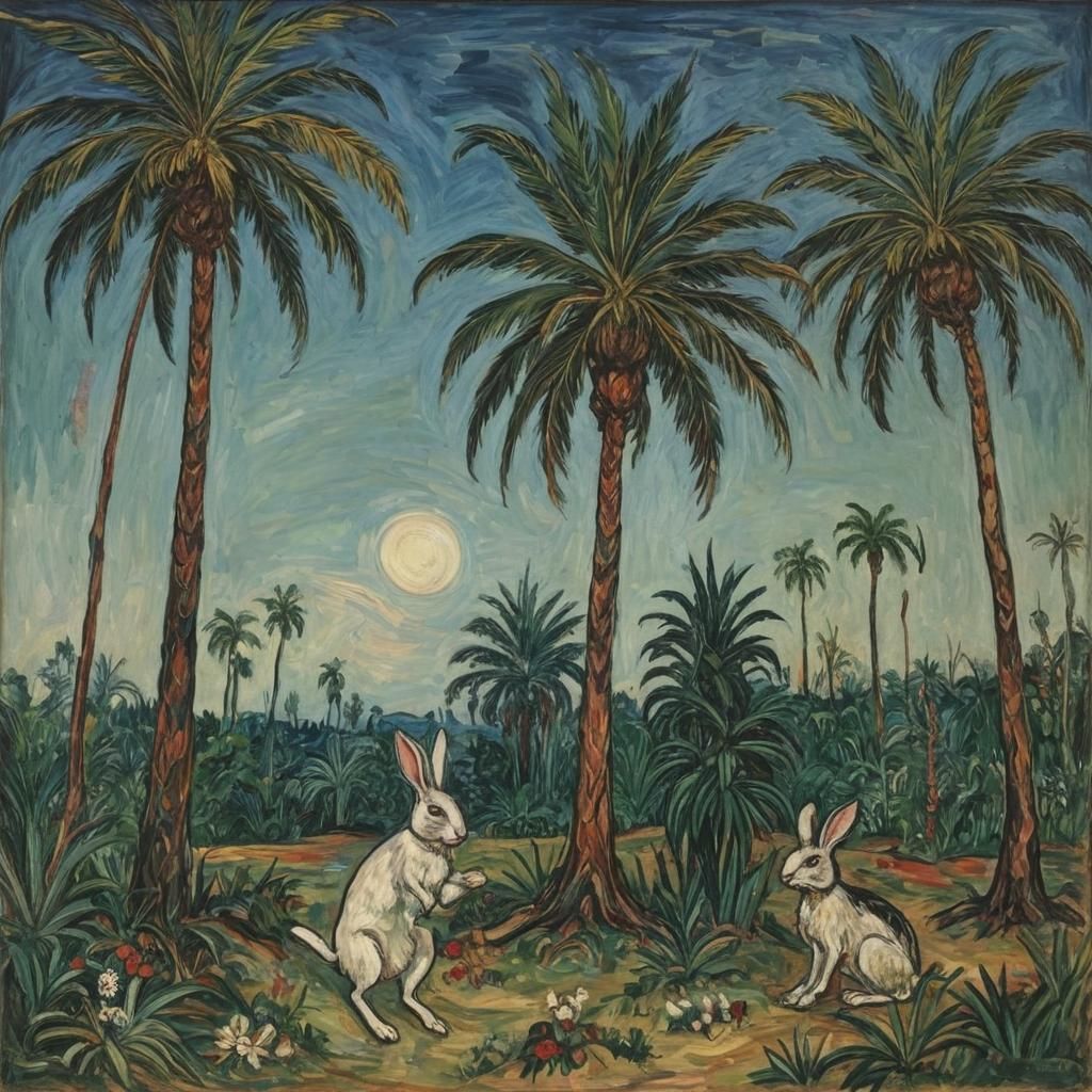 Rabbit's Last Stand: Expressionist Palm Tree Scene