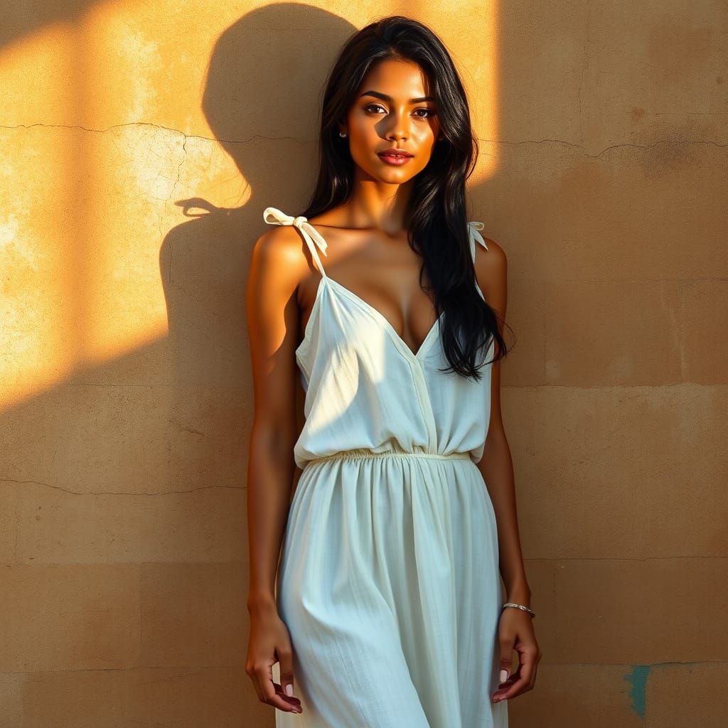 Woman in White Dress Against Textured Wall