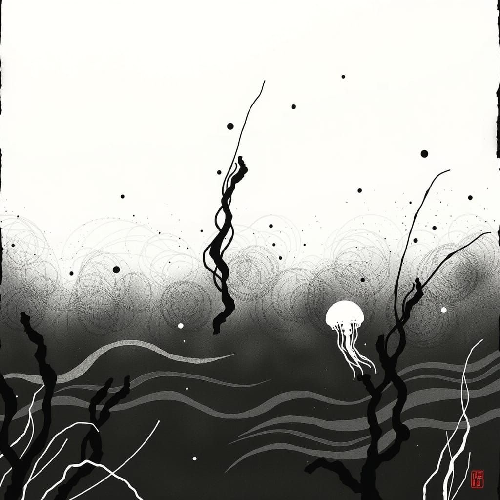Deep Sea Silhouette in Sumi-e Ink Style