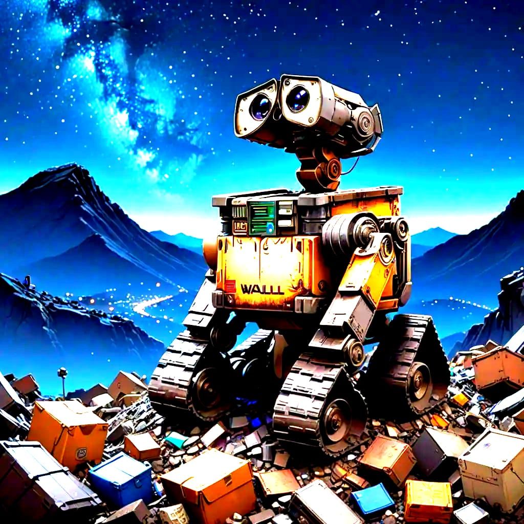 WALL-E Robot Sits Alone Under Starry Garbage Mountain