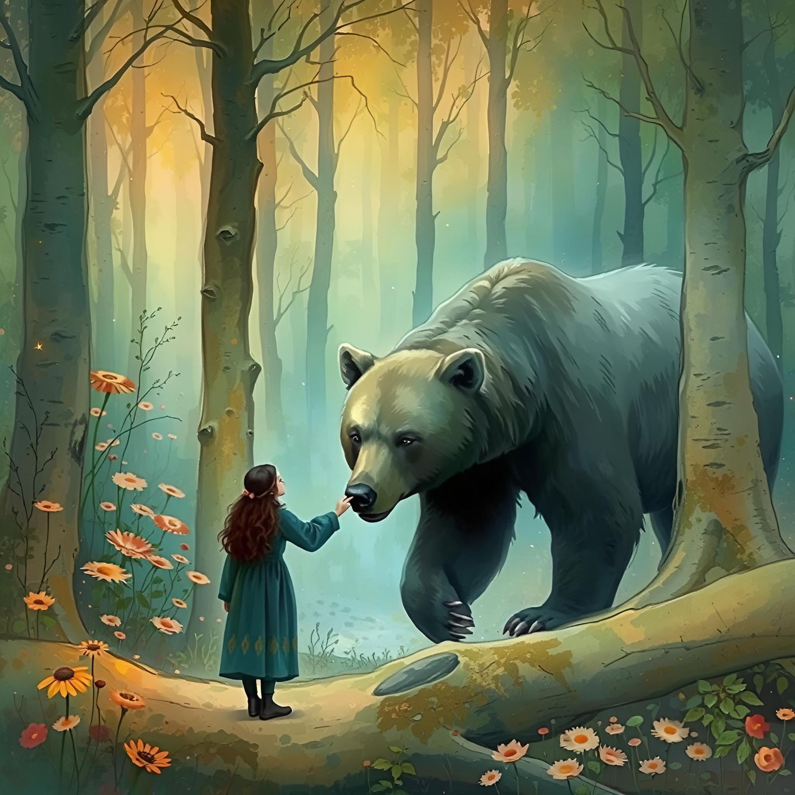 Woman and Bear in Enchanted Art Nouveau Forest