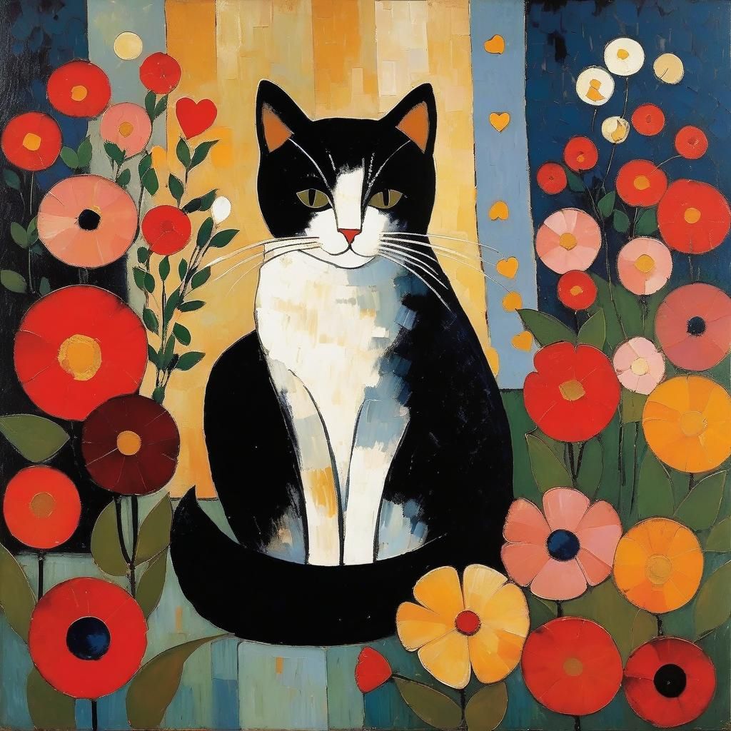 Cat Portrait in Modigliani Style with Flowers