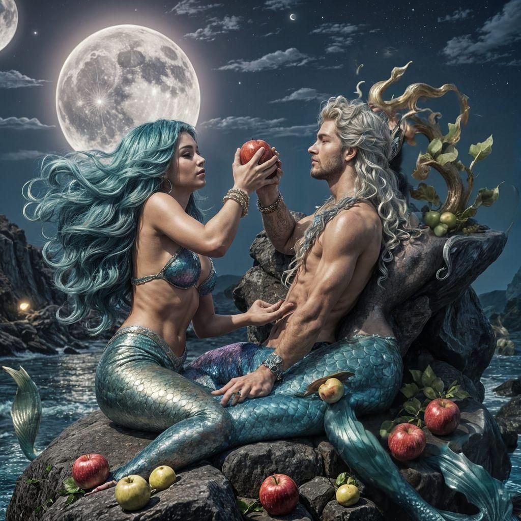 Mermaid and Merman Feast Under Metallic Moon