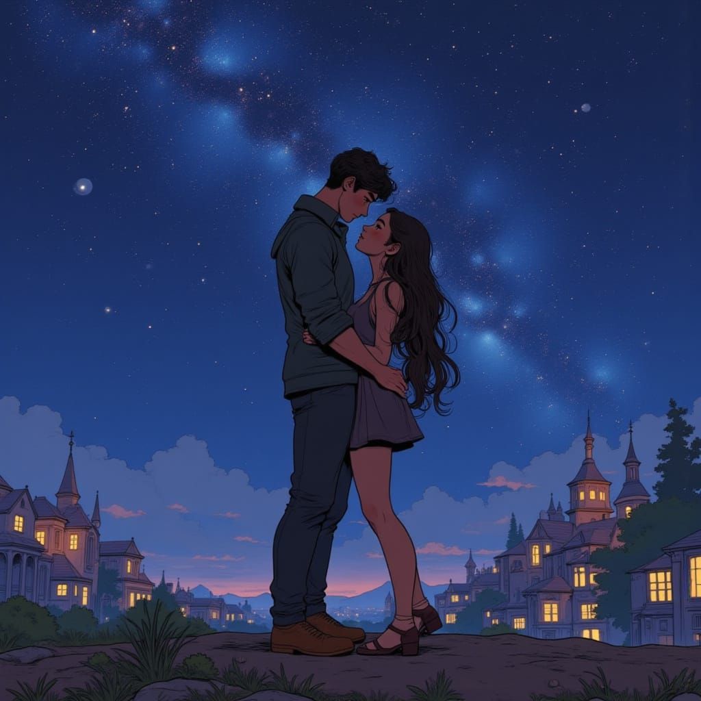 Couple Embracing Above Magical City