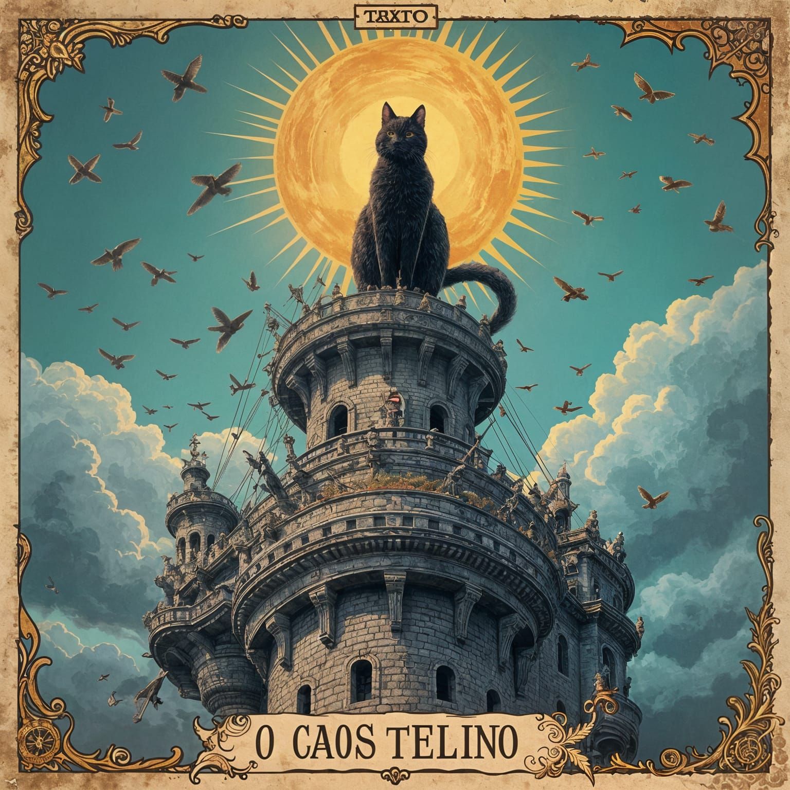 Mystical Cat Tower in Turbulent Storm, 'The Tower' Tarot Car...