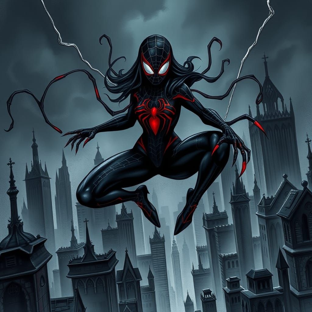 Ominous Spiderwoman over Gotham in Zentangle Style