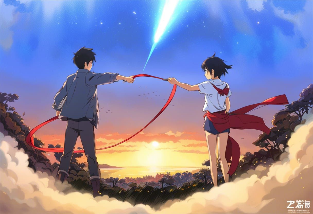 Mitsuha and Taki: A Makoto Shinkai Anime Scene