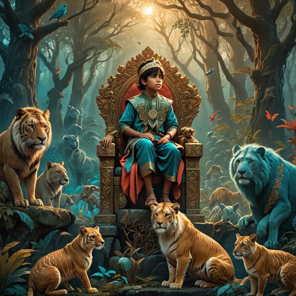Indian Prince Surrounded by Animals in Forest